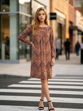 Luxology Orange Paisley Long-Sleeve Shift Dress